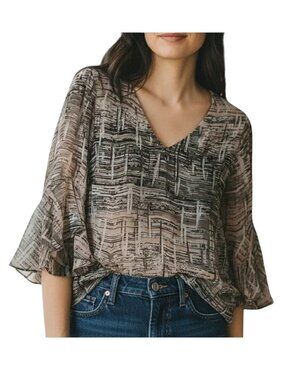Iris Setlakwe Like New Work/Career/Office Abstract Bell Sleeve V-Neck Blouse -12